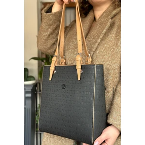Just Polo Büyük Boy 31 cm * 30 cm 4 Bölmeli Günlük Kullanıma Uygun Tote Bag Kadın Omuz Çantası 4067 Siyah Taba