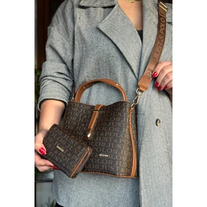 Just Polo Baskı Desenli Özel Seri Çanta Cüzdan Kombini 92055-GQ Kahve Taba Kombin
