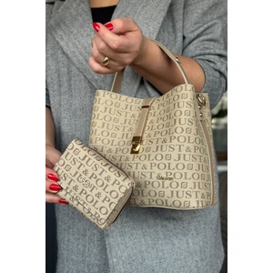 Just Polo Baskı Desenli Özel Seri Çanta Cüzdan Kombini 92055-GQ Kum Kombin