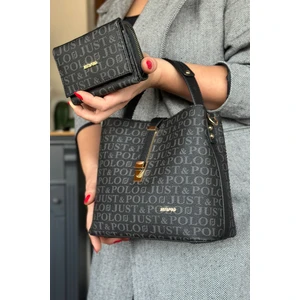 Just Polo Baskı Desenli Özel Seri Çanta Cüzdan Kombini 92055-GQ Siyah Kombin