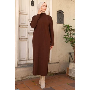Hafsa Mina Fitilli Triko Elbise Kahverengi HM2247