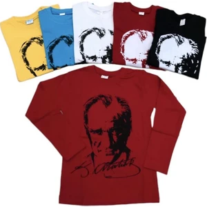 YHE Store Atatürk Uzun Kollu Penye Süper Tişört 23 Nisan 29 Ekim 10 Kasım Siyah Beyaz Kırmızı Sarı Turkuaz