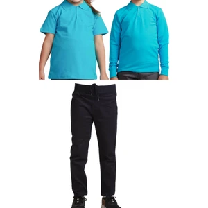 YHE Store Unisex Çocuk Ribana Bel Keten Okul Pantolonu + Polo Yaka Kısa ve Uzun Kol T-Shirt