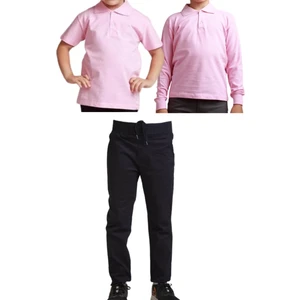 YHE Store Unisex Çocuk Ribana Bel Keten Okul Pantolonu + Polo Yaka Kısa ve Uzun Kol T-Shirt