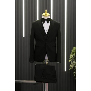 Slimfit (Skinny Kesim) Desenli Sivri Sabit Yaka Yelekli Papyonlu Smokin Takım Elbise