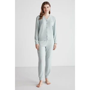 U.S. Polo Assn. 16956 Kadın Yeşil Melanj Patlı Uzun Kollu Pijama Takımı -Yeşilmelanj