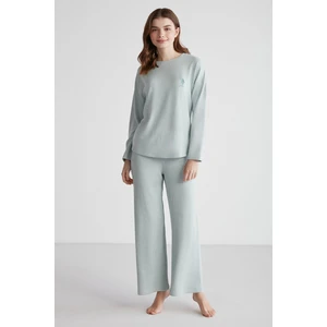 U.S. Polo Assn. 16954 Kadın Yeşil Melanj Yuvarlak Yaka Uzun Kollu Pijama Takımı -Yeşilmelanj