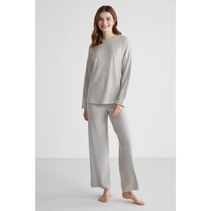 U.S. Polo Assn. 16954 Kadın Gri Melanj Yuvarlak Yaka Uzun Kollu Pijama Takımı -Grimelanj