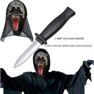 Eskitme Gümüş Renk Kapüşonlu Plastik Çığlık Hayalet Maskesi Şaka Bıçağı Seti