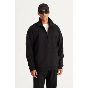 Altınyıldız Classics Erkek Siyah Oversize Bol Kesim Içi Polarlı Iplik Dik Bato Yaka Pamuklu Sweatshirt