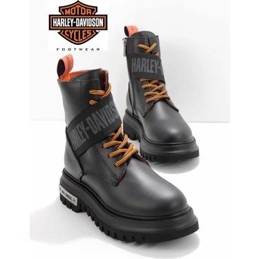 Harley Davidson Black Leather Kadın Bot Bootie Hakiki Deri HD0777055403 Konforlu