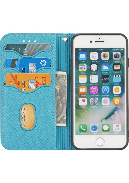 Otomatik Emilen Dokuma Doku Cüzdanı Bilek Kayış Deri Kapak Kasası Için Stant Apple iPhone Se-Mavi (Yurt Dışından)