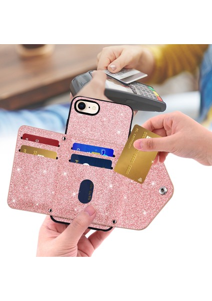 Apple iPhone 7/8kickstand Telefon Kasası Pu Derisi+Tpu Kart Tutucu-Pembe ile Tpu Işıltılı Toz Kapağı (Yurt Dışından) fiyatları