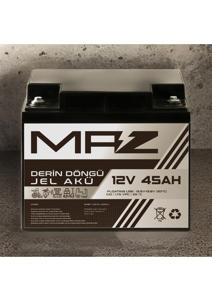 Maz Akü 12 Volt 45 Amper (Ah) Derin Döngü Jel Akü Max Performans