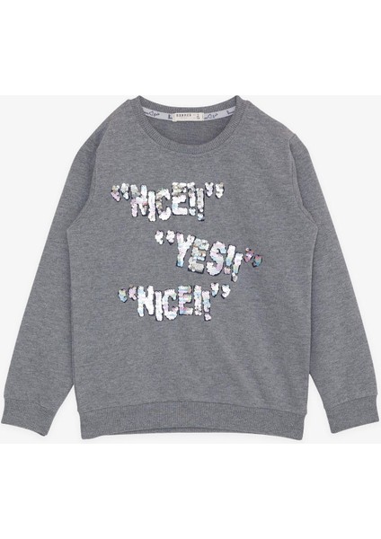 Kız Çocuk Sweatshirt Pullu Yazı Baskılı 8-14 Yaş, Koyu Gri Melanj