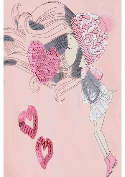 Kız Çocuk Uzun Kollu Tişört Pullu Kalp Baskılı 2-6 Yaş, Somon fırsatları