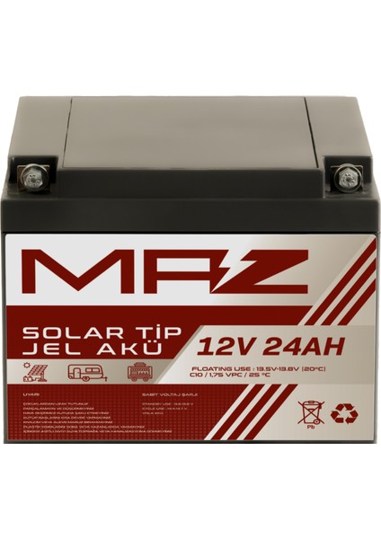 12 Volt 24 Amper (Ah) Solar Jel Akü (Güneş Paneli Akü)