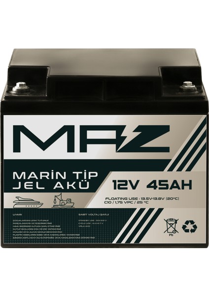 12 Volt 45 Amper (Ah) Marin Jel VRLA Akü (Yat Tekne Akü)