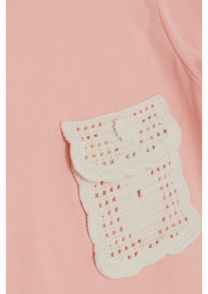 Kız Çocuk Tişört Cebi Örgü Detaylı 6-12 Yaş, Somon modelleri