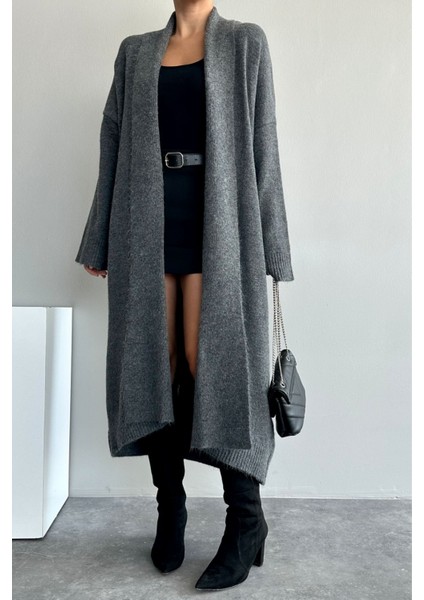 Kadın Gri Şal Yaka Uzun Triko Hırka