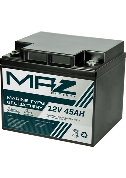 Maz Akü 12 Volt 45 Amper (Ah) Marine Jel VRLA Akü (Yeni Üretim)