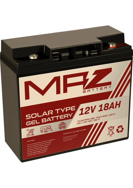 Maz Akü 12 Volt 18 Amper (Ah) Solar Jel VRLA Akü (Yeni Üretim)