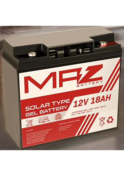 Maz Akü 12 Volt 18 Amper (Ah) Solar Jel VRLA Akü (Yeni Üretim)