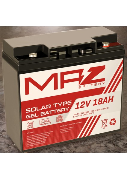 Maz Akü 12 Volt 18 Amper (Ah) Solar Jel VRLA Akü (Yeni Üretim)