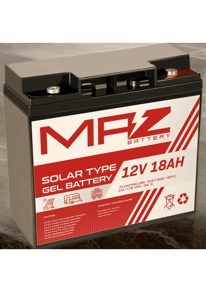 Maz Akü 12 Volt 18 Amper (Ah) Solar Jel VRLA Akü (Yeni Üretim)