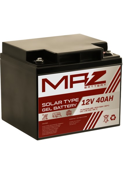 Maz Akü 12 Volt 40 Amper (Ah) Solar Jel VRLA Akü (Yeni Üretim)