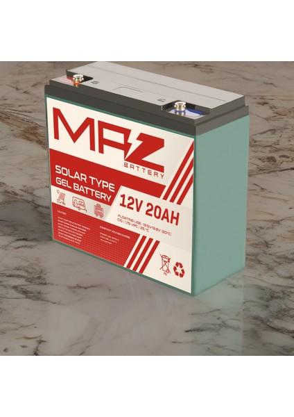 Maz Akü 12 Volt 20 Amper (Ah) Solar Jel VRLA Akü (Yeni Üretim)