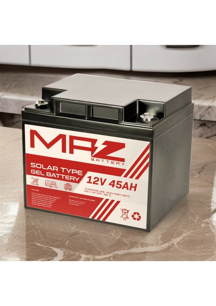 Maz Akü 12 Volt 45 Amper (Ah) Solar Jel VRLA Akü (Yeni Üretim)