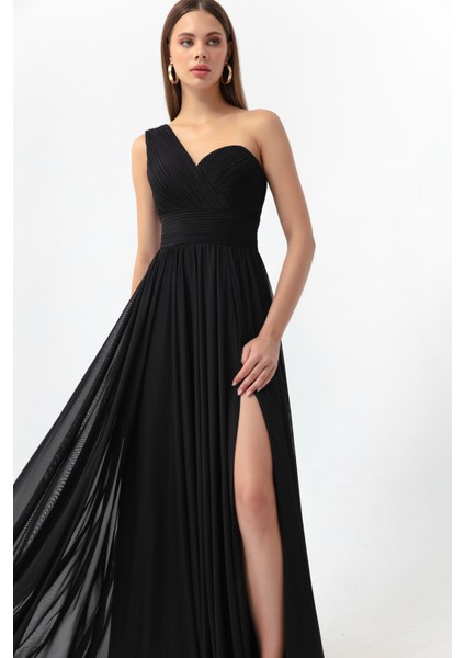 Kadın Siyah Tek Omuz Yırtmaçlı Uzun Abiye Elbise fiyatları