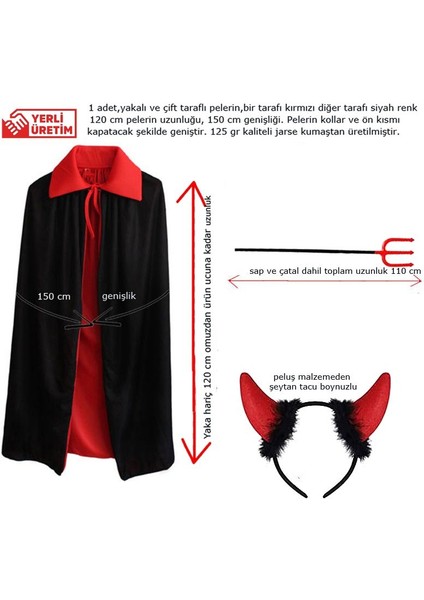 Kırmızı Siyah Renk 120 cm Çift Taraflı Şeytan Pelerini Tacı ve Çatalı 3 Lü Set Yetişkin Halloween fiyatları