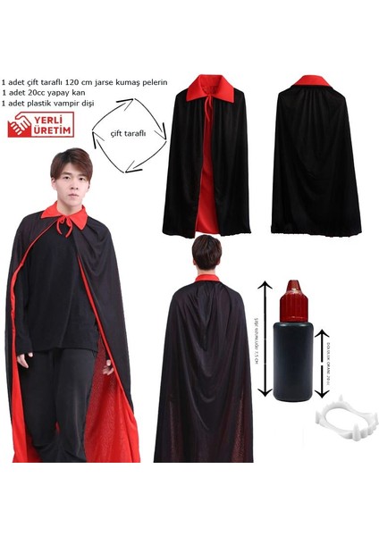 Kırmızı Siyah Renk 120 cm Çift Taraflı Drakula Vampir Pelerini Dişi Kanı 3 Lü Set Yetişkin Halloween