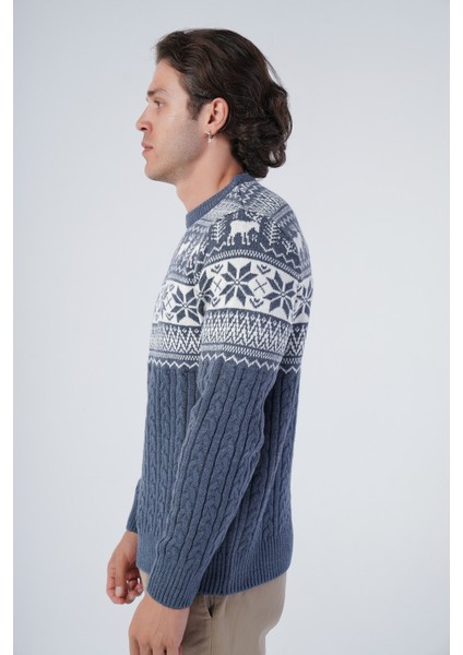 Erkek Saç Örgülü Jakarlı Geyik Desenli Bisiklet Yaka Triko Yün Kazak TRIST-5311 fırsatları
