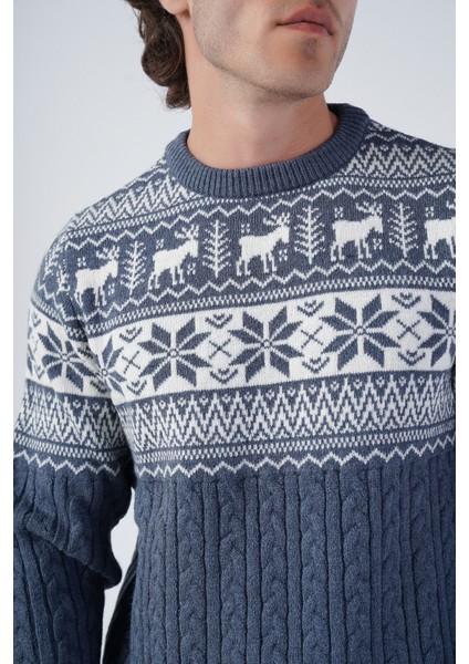 Erkek Saç Örgülü Jakarlı Geyik Desenli Bisiklet Yaka Triko Yün Kazak TRIST-5311 indirimleri