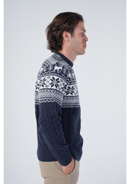 Erkek Saç Örgülü Jakarlı Geyik Desenli Bisiklet Yaka Triko Yün Kazak TRIST-5311 fiyatları