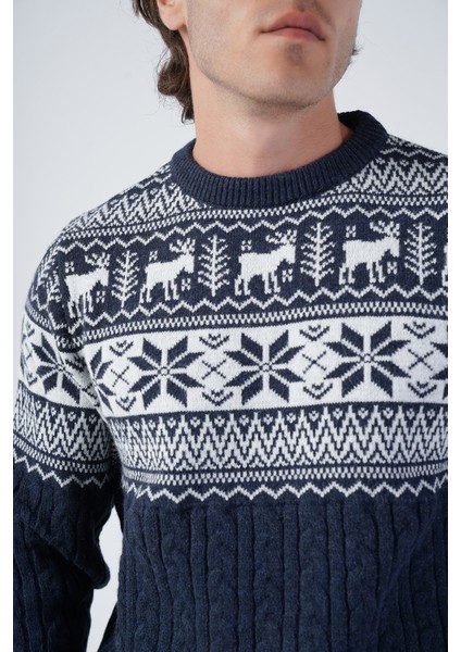 Erkek Saç Örgülü Jakarlı Geyik Desenli Bisiklet Yaka Triko Yün Kazak TRIST-5311 indirimleri