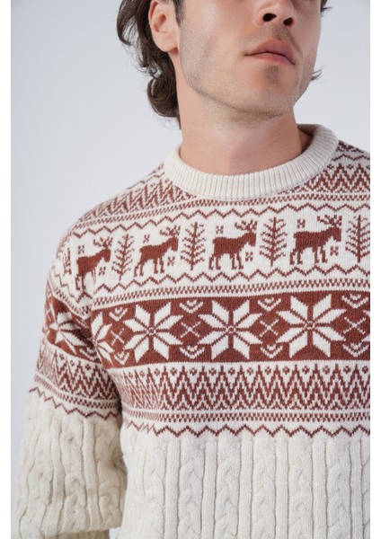 Erkek Saç Örgülü Jakarlı Geyik Desenli Bisiklet Yaka Triko Yün Kazak TRIST-5311 indirimleri