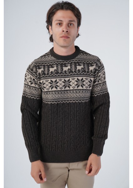 Erkek Saç Örgülü Jakarlı Geyik Desenli Bisiklet Yaka Triko Yün Kazak TRIST-5311