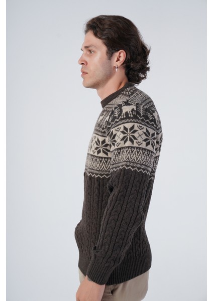 Erkek Saç Örgülü Jakarlı Geyik Desenli Bisiklet Yaka Triko Yün Kazak TRIST-5311 modelleri