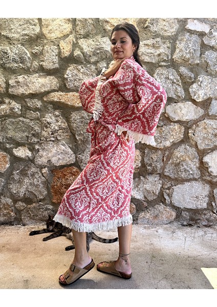 Byenbi Damask Desenli Kimono  Pamuk Kırmızı