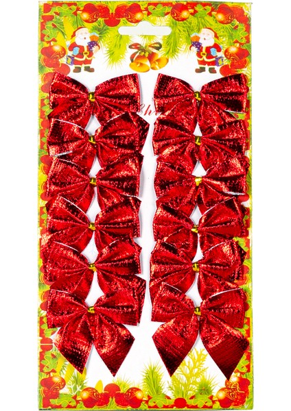 Yılbaşı Süsü Askılı Fiyonk 12'li Paket Kırmızı 5,5x5,5 Cm.