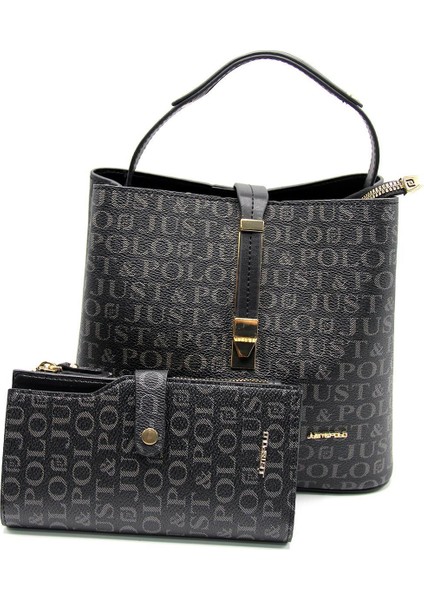 Baskı Desenli Özel Seri Çanta Cüzdan Kombini 2055-GD Siyah Kombin fiyatları