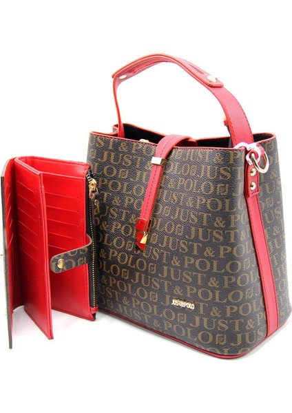 Baskı Desenli Özel Seri Çanta Cüzdan Kombini 2055-GD Kırmızı Kombin fırsatları