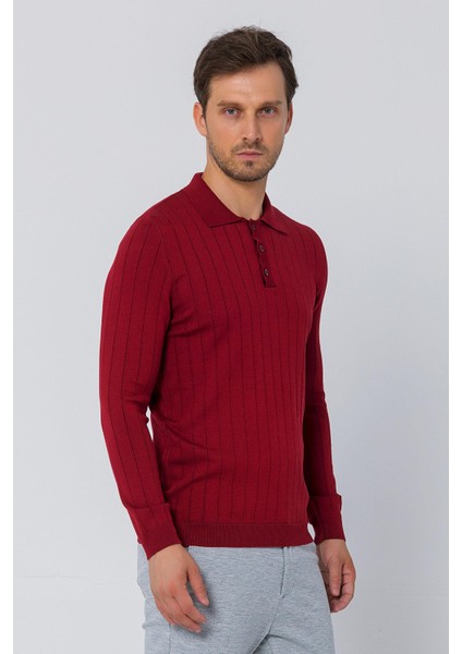 Erkek Regular Fit Düz Renk Polo Yaka Düğmeli Uzun Kollu Çizgili Triko Kazak fırsatları