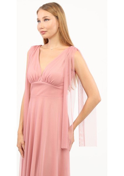 Göğüs Büzgü Detaylı Esnek Tül Abiye Elbise modelleri