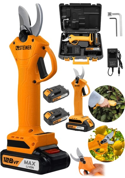 Alman 128 Vf 10AH Profesyonel Çift Akülü Bağ Makası Dal Budama Kesme Makası Makinesi Çantalı Turuncu