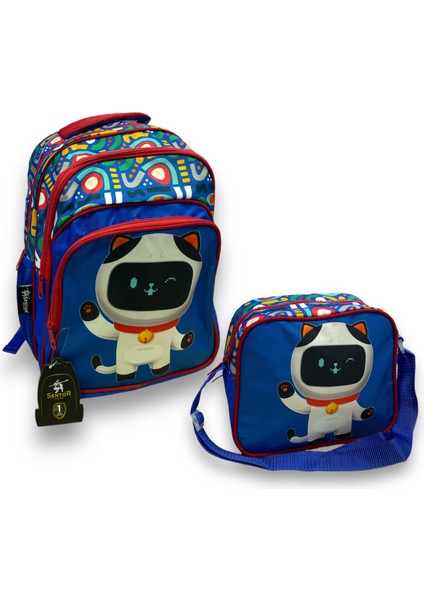 3 Gözlü Beslenmeli Ilkokul Çantası – Mavi – Robot Kedi (Ortapedik Sırt Destekli)